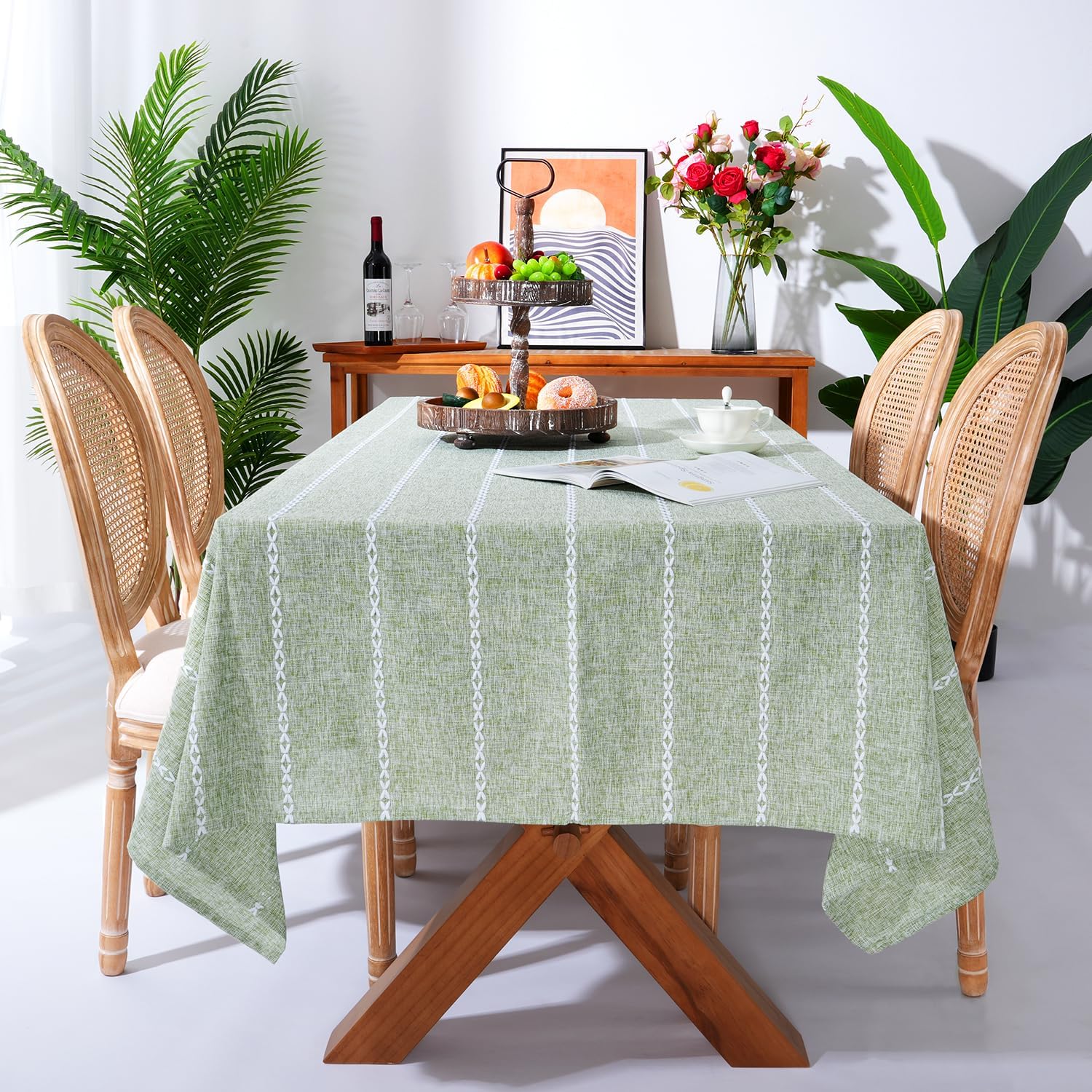 60 x 84 inches Farmhouse Style Linen tablecloths, Wrinkle Resistant Washable Dining Room Table Cloths for Rectangle Tables - Hemstitch Light Coffee