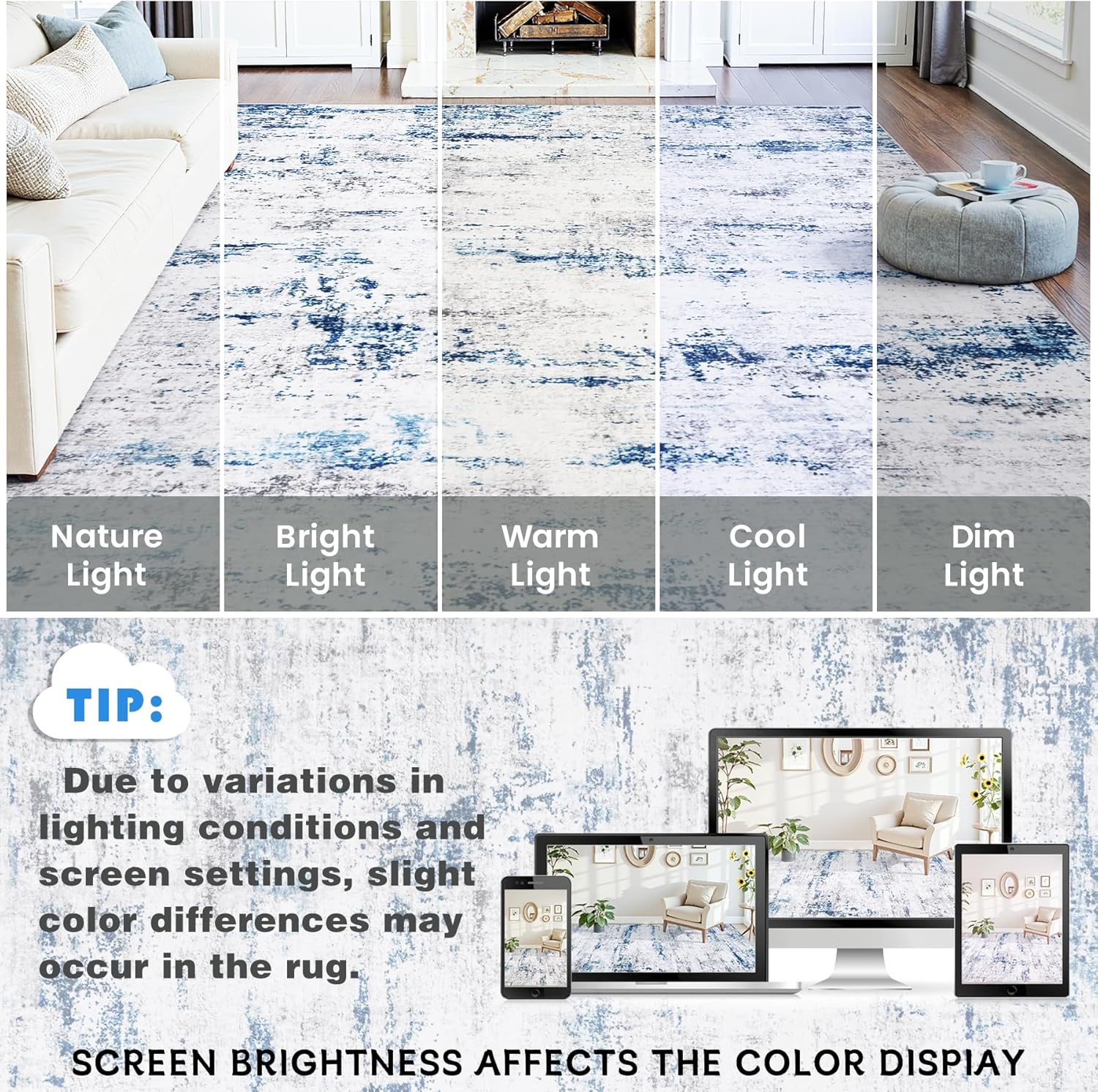 Area Rug Living Room Rugs: 5x7 Large Soft Indoor Carpet Modern Abstract Rug with Non Slip Rubber Backing for Under Dining Table Nursery Home Office Bedroom White Gray Blue