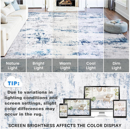 Area Rug Living Room Rugs: 5x7 Large Soft Indoor Carpet Modern Abstract Rug with Non Slip Rubber Backing for Under Dining Table Nursery Home Office Bedroom White Gray Blue