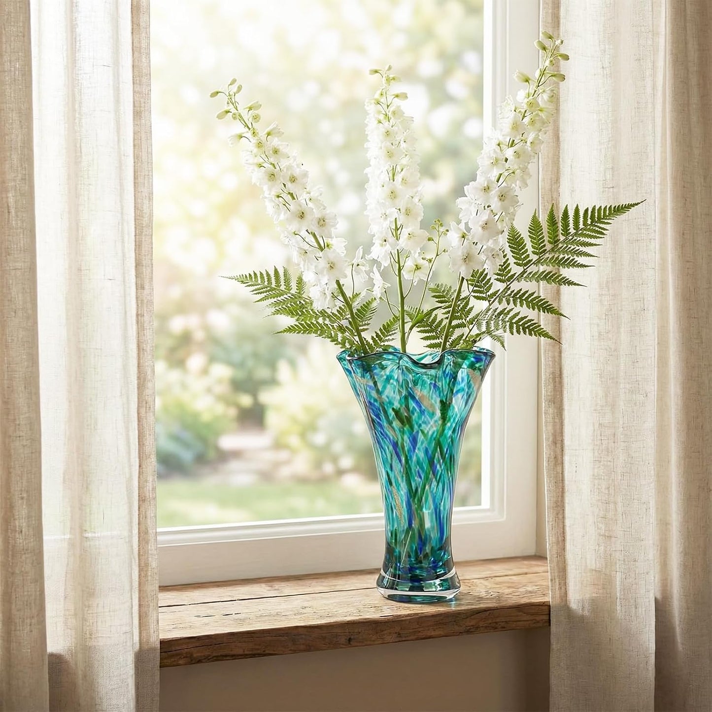 9.0" H Teal Glass Vases for Flowers, Unique Hand Blown Glass Vase Green Home Decor, Wide Mouth Colorful Flower Vase Centerpieces, for Living Room Table Bookshelf, Bathroom Office Shelf Decorative