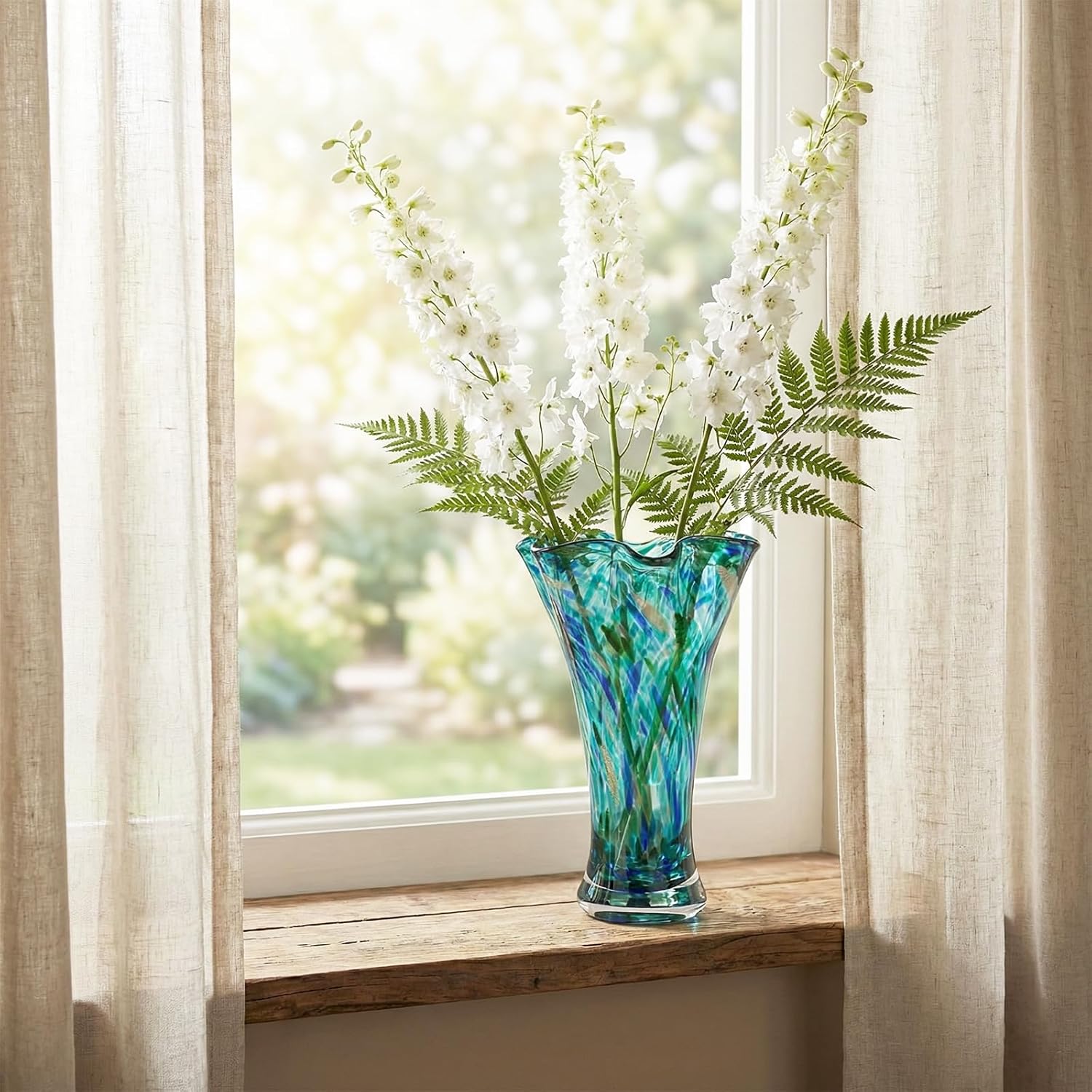 9.0" H Teal Glass Vases for Flowers, Unique Hand Blown Glass Vase Green Home Decor, Wide Mouth Colorful Flower Vase Centerpieces, for Living Room Table Bookshelf, Bathroom Office Shelf Decorative