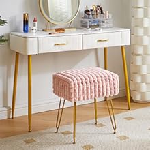 Rectangle Vanity Chair with Storage Space, Footrest Footstool Ottoman, Vanity Stool, Dressing Table Chair, with Anti-Slip Feet, for Makeup Room, Bedroom, Square Grid Pattern, White WBD004W