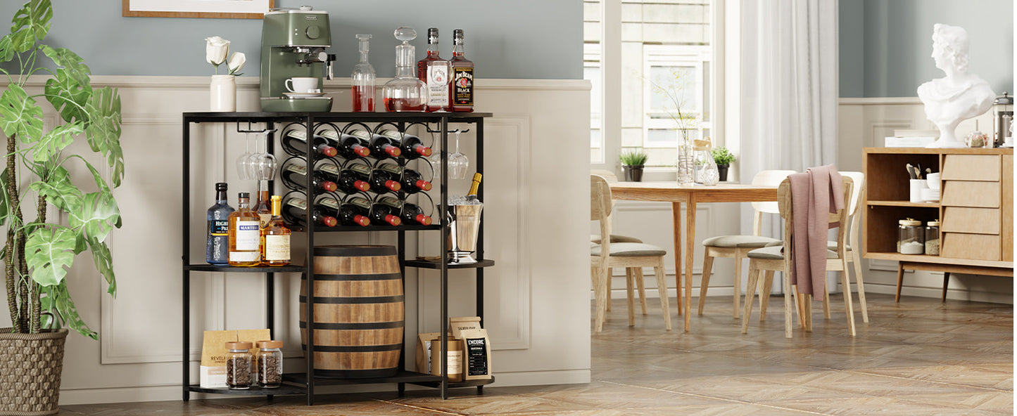 JKsmart Wine Bar Cabinet with LED Lights, Mini Wine Bar Cart with Storage and Glass Holder, Home Bar Coffee Bar for Liquor, 3-Tier Bar Table for Kitchen, Dining Room, Living Room, Black