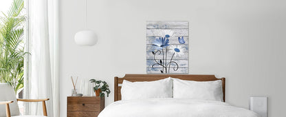 Farmhouse Floral Wall Art for Living Room, Blue and White Daisy Flower and Butterfly on Rustic Wood Board Canvas Wall Art Framed Artwork Ready to Hang for Bathroom Bedroom Decor, 16L X 12W