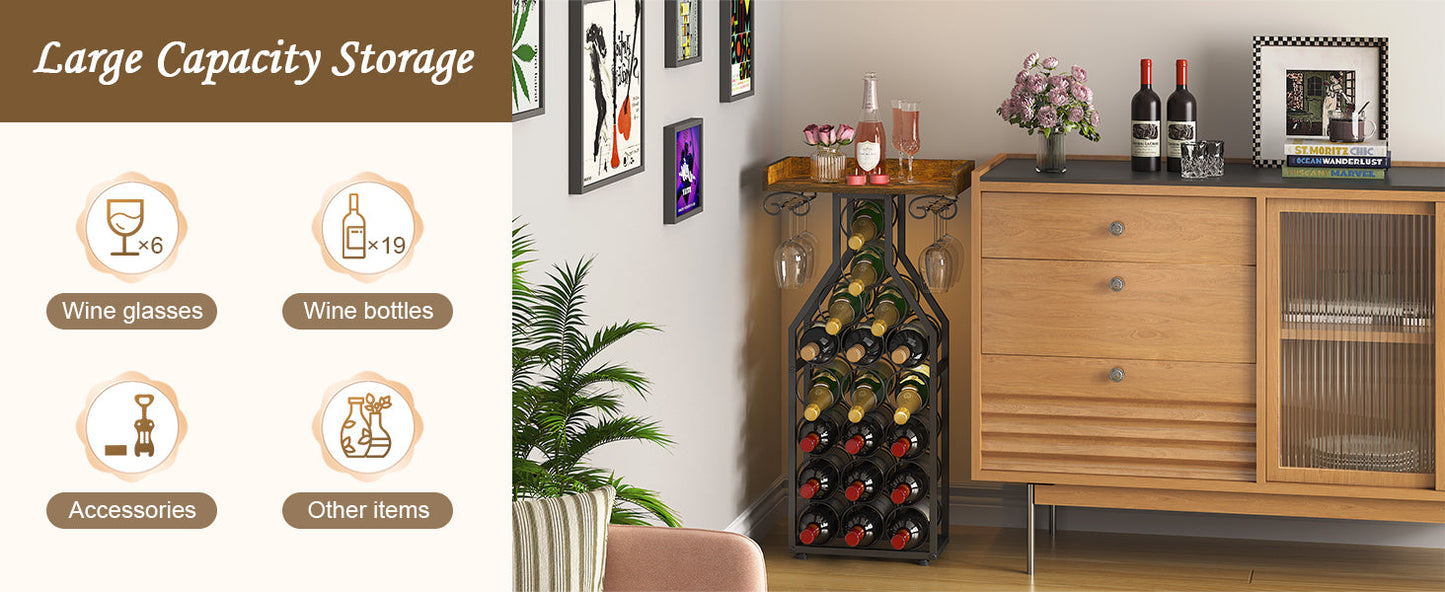 X-cosrack Wine Rack Freestanding Floor, Wine Storage Rack Mini Bar Table with Tabletop, Glass Holder Wine Bottle Display Stand Liquor Cabinet for Home Bar Kitchen Living Room