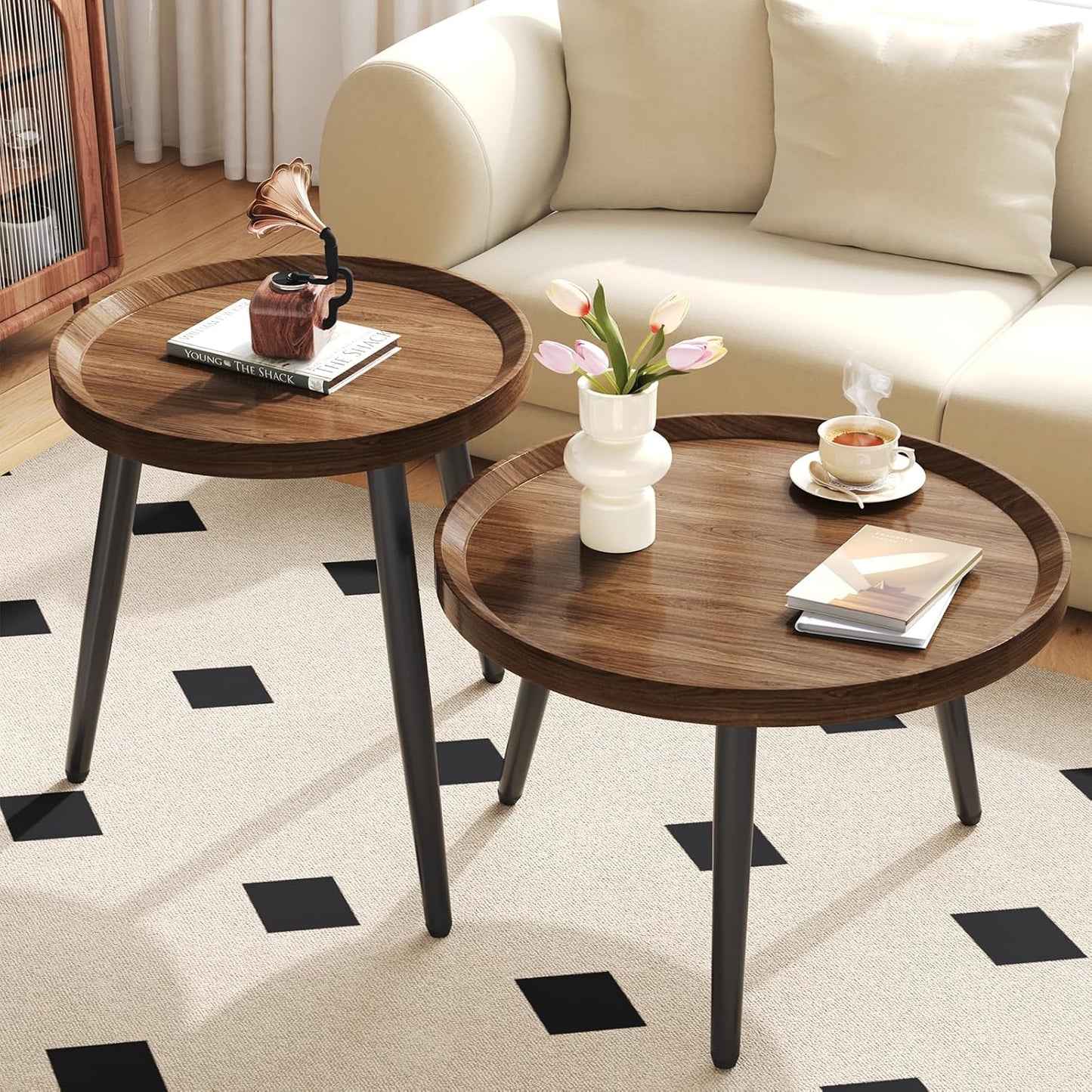 2 PCS Small Round Coffee Table Set, Mid Century Modern Coffee Tables for Living Room, Walnut Nesting Tables for Small Spaces, Easy Assembly Circle Wood Center Table,Black Nesting Coffee Table Set of 2