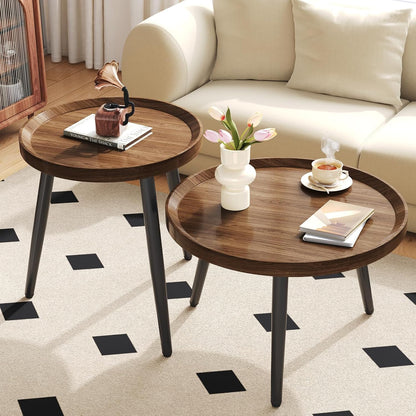 2 PCS Small Round Coffee Table Set, Mid Century Modern Coffee Tables for Living Room, Walnut Nesting Tables for Small Spaces, Easy Assembly Circle Wood Center Table,Black Nesting Coffee Table Set of 2