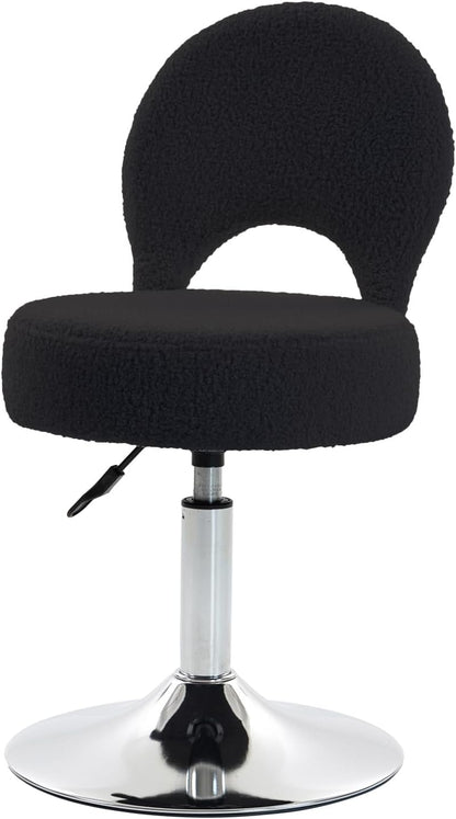 Small Vanity Chair, 360 Swivel Vanity Stool with Folding Back for Teenager, Comfy Teddy Ottoman Stool for Bedroom, Dressing Room, Teddy Fabric, White