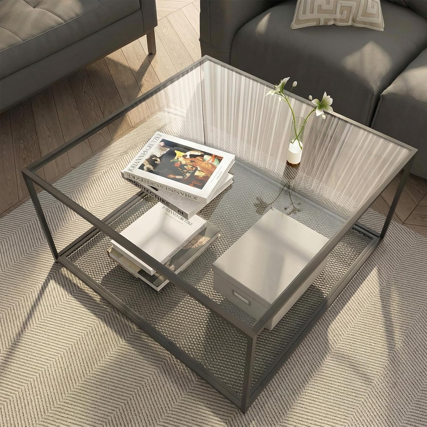 Black Glass Coffee Table for Living Room,Square Coffee Tables for Small Spaces,Simple Tea Cocktail Modern Center Tables, Living Room Tables,Easy Assembly,26 * 26in（Black & Clear Glass）