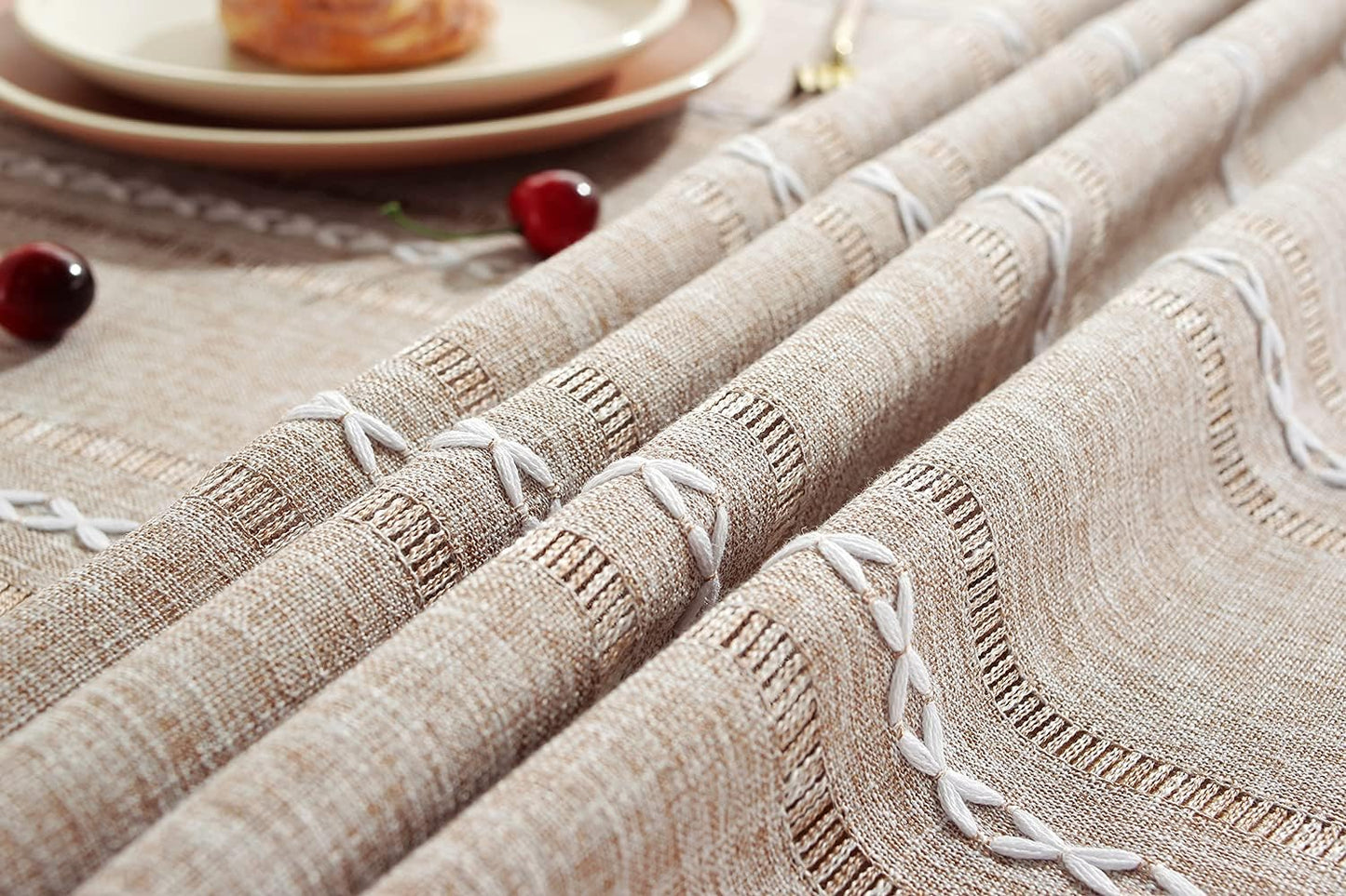 60 x 84 inches Farmhouse Style Linen tablecloths, Wrinkle Resistant Washable Dining Room Table Cloths for Rectangle Tables - Hemstitch Light Coffee