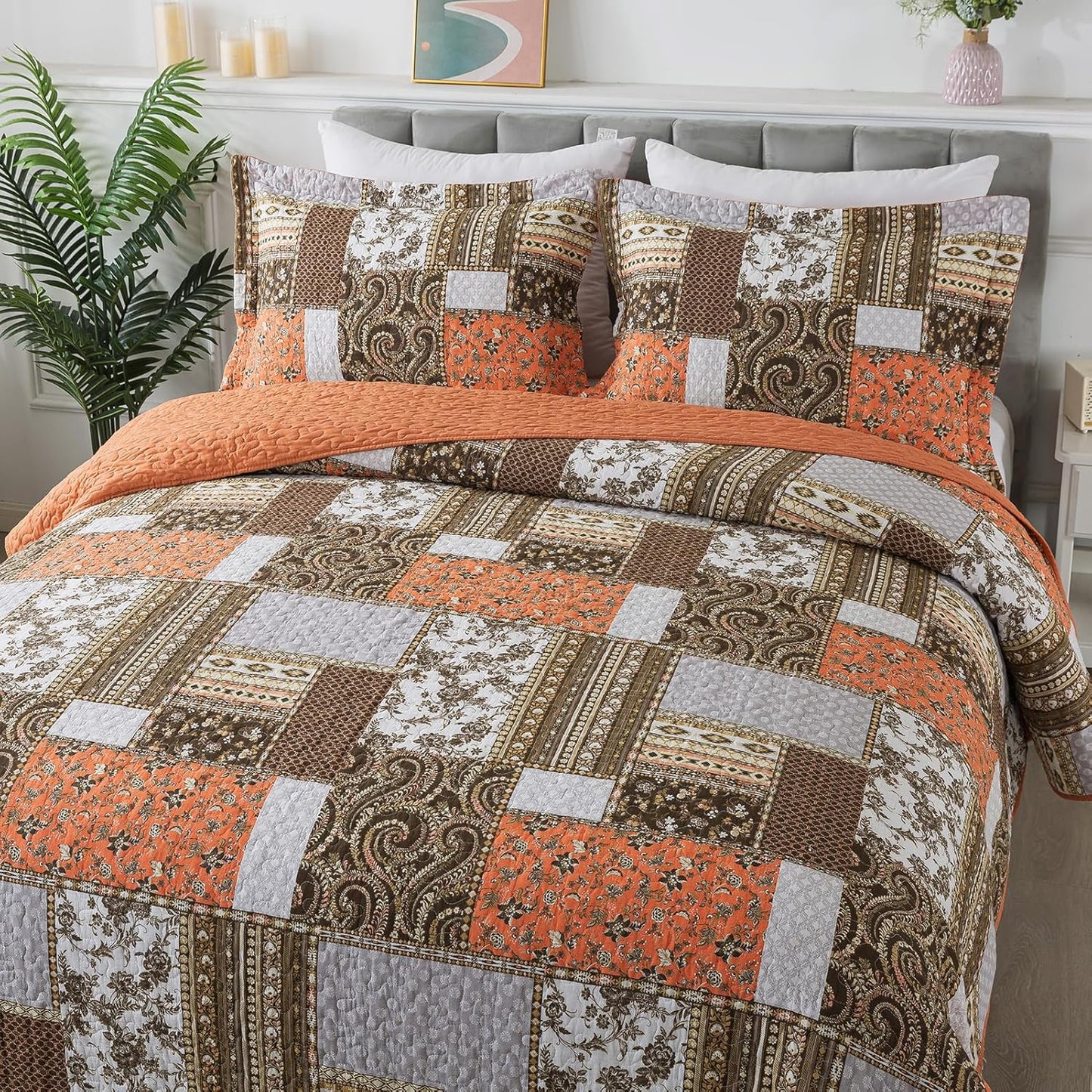 Farmhouse Cotton Quilts Queen Size for Fall - Lightweight Patchwork Autumn Bedspread Set for Bed Coverlet - Highly-Woven Soft Reversible Bed Spread for All Seasons (Floral Orange) 3 Pieces