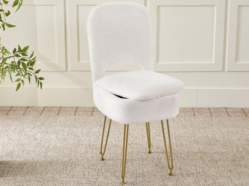 Vanity Chair with Storage and Folding Back, Faux Fur Square Storage Chair, Vanity Stool Chair with 4 Metal Legs for Bedroom, Living Room and Makeup Stations, 13.4"x 15"x 30", White