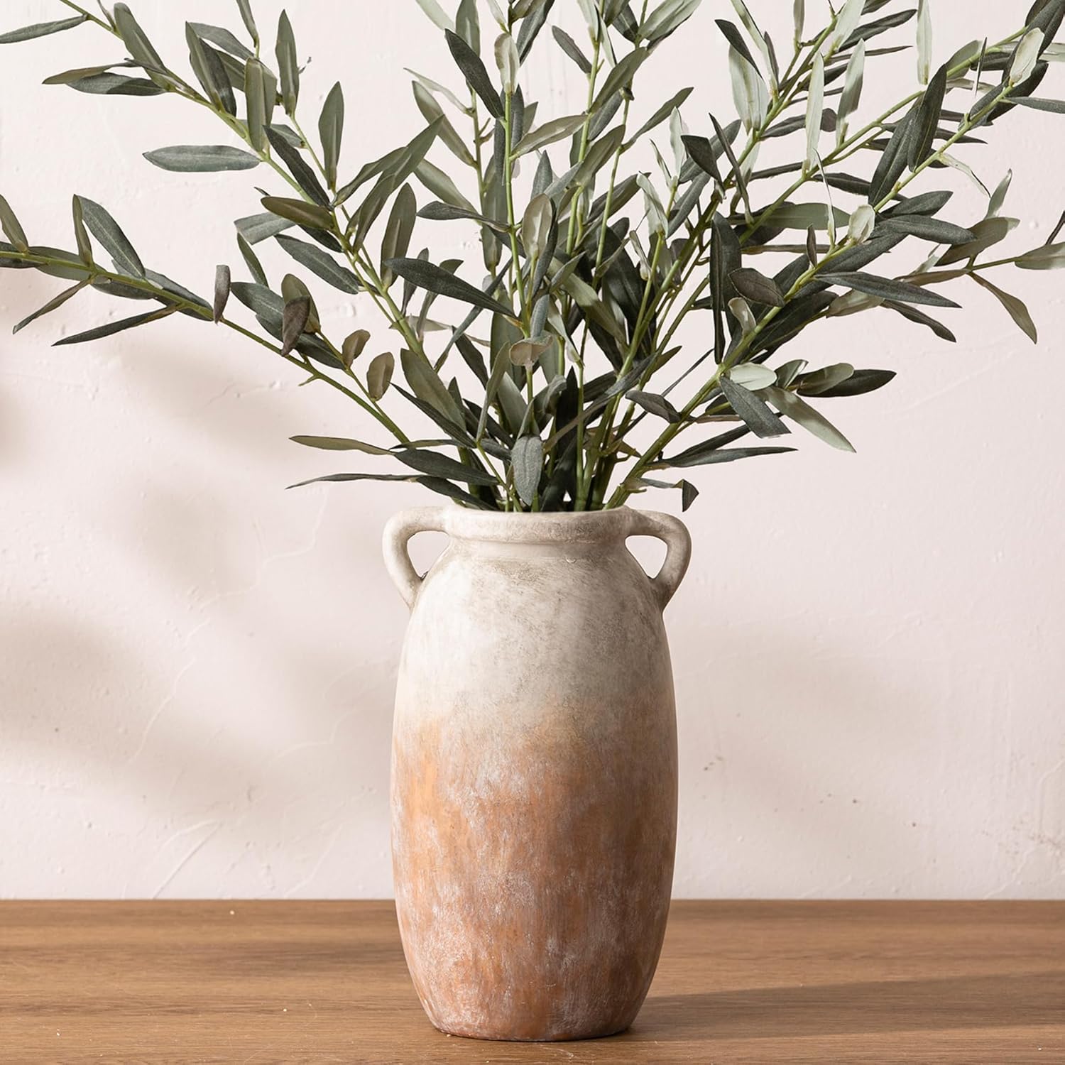 Ceramic Flower Vase 7.6 inch Farmhouse Rustic Vase Decorative Pottery Terracotta Vases for Home Decor Table Mantle Fireplace Living Room Bathroom Wedding Centerpiece (Whitewashed)