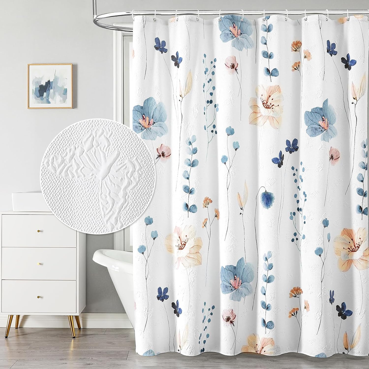 Watercolor Floral Shower Curtain, 3D Embossed Butterflies Grey Beige Flower Bathroom Curtains, Minimalist White Cloth Bath Curtain, Waterproof Fabric Textured Shower Curtain Set with Hooks, 72x72