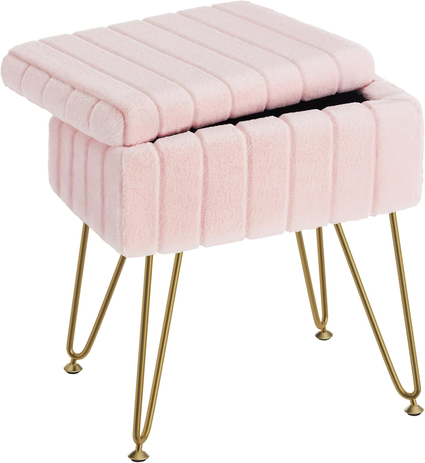 Vanity Stool Chair Faux Fur with Storage, 15.7"L x 11.8"W x 19.4"H Soft Ottoman 4 Metal Legs with Anti-Slip Feet, Furry Padded Seat, Modern Multifunctional Chairs for Makeup, Bedroom White