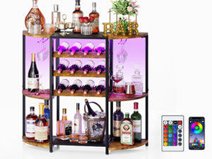 JKsmart Wine Bar Cabinet with LED Lights, Mini Wine Bar Cart with Storage and Glass Holder, Home Bar Coffee Bar for Liquor, 3-Tier Bar Table for Kitchen, Dining Room, Living Room, Black