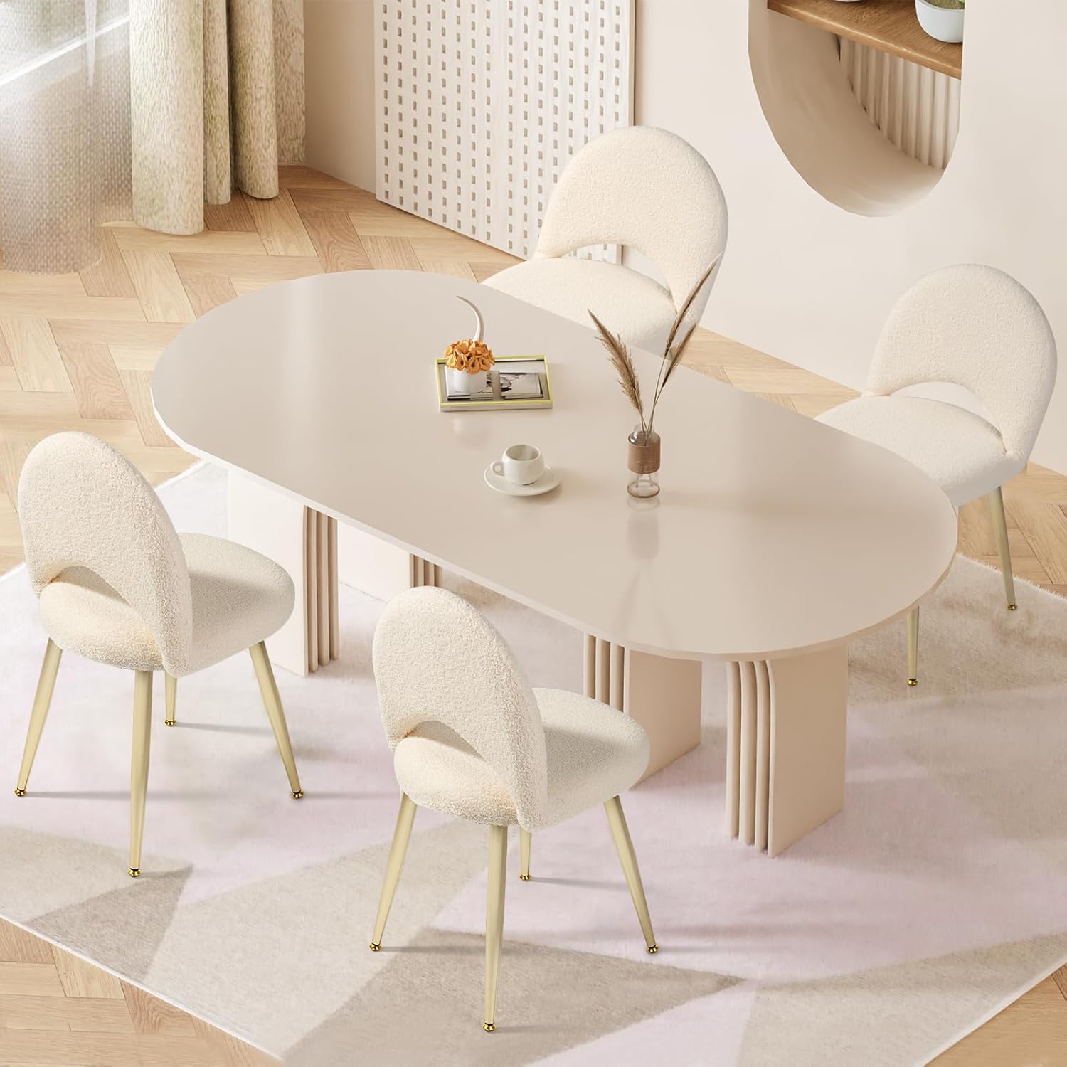 Vanity Chair with Adjustable Backrest, Boucle Upholstery Armless Makeup Stool, Cream White Sherpa Vanity Stool with Gold Metal Legs for Bedroom Living Room Kitchen Dinning Room (Gold and White)