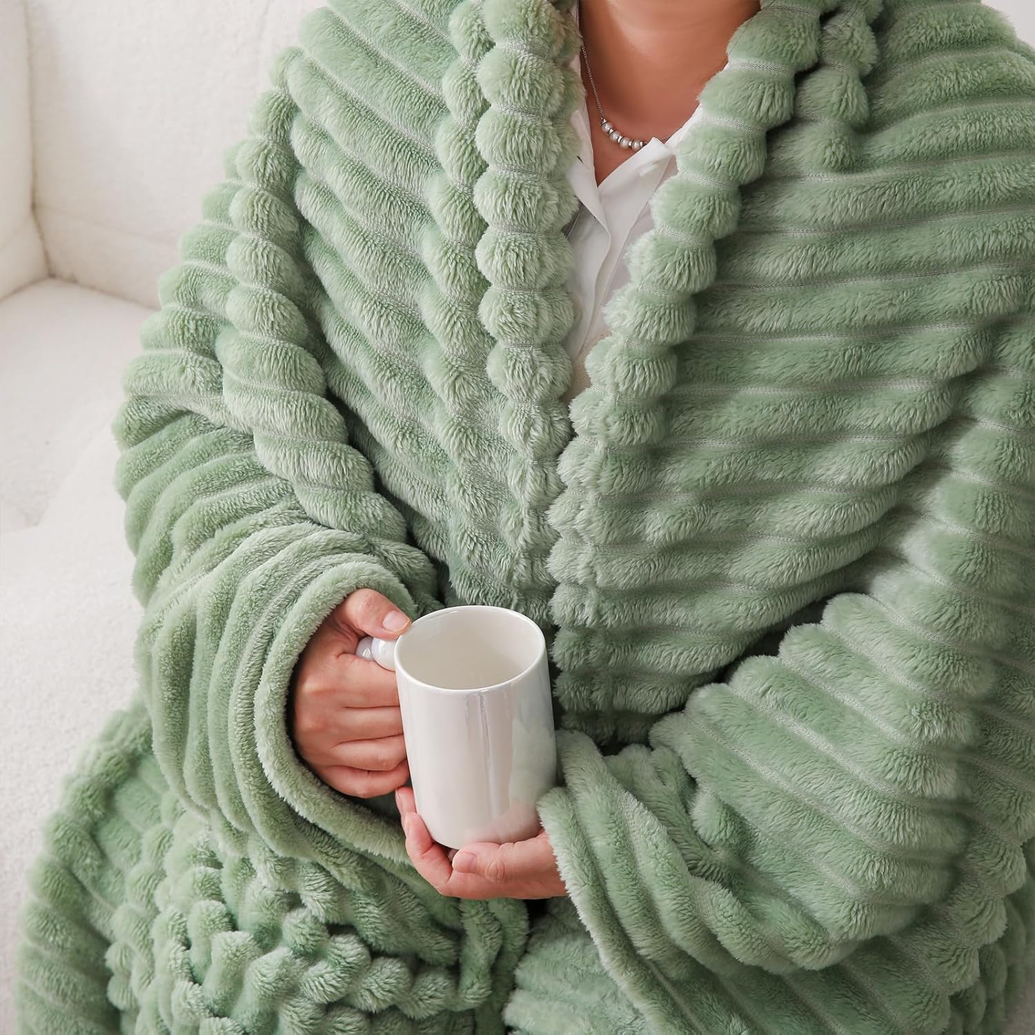 Sage Green Fleece Throw Blanket 50”×60” for Couch Sofa Bed,Super Soft Cozy Plush Microfiber Flannel Blanket with Stripes Design Lightweight for Adults,Woman,Girls