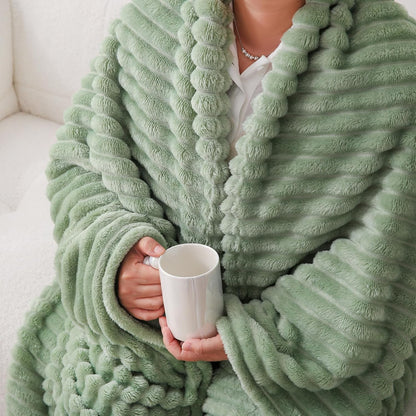 Sage Green Fleece Throw Blanket 50”×60” for Couch Sofa Bed,Super Soft Cozy Plush Microfiber Flannel Blanket with Stripes Design Lightweight for Adults,Woman,Girls