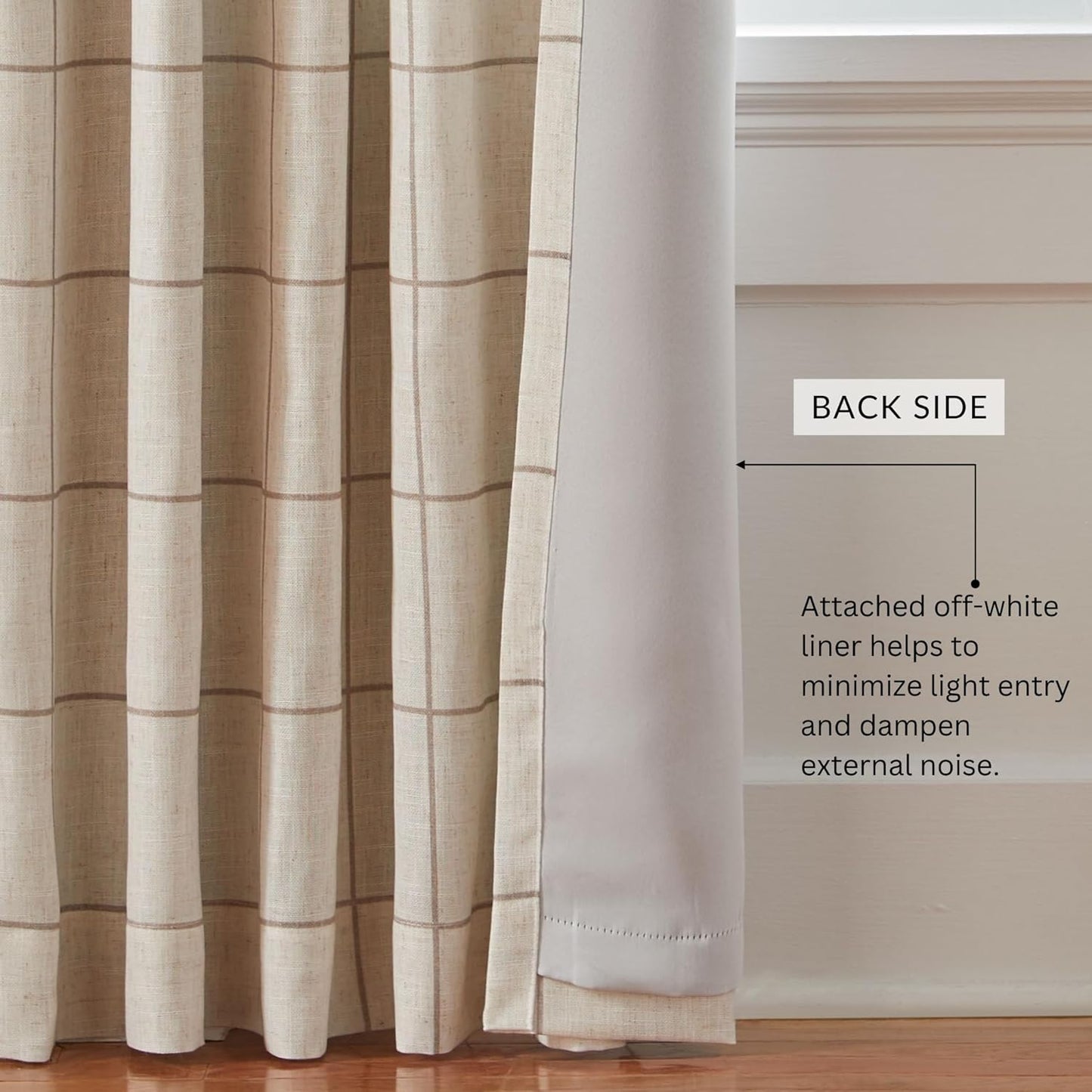 Fashions Brighton Windowpane Plaid Blackout Window Curtain, Living Room and Bedroom Drape with Rod Pocket Tabs, 52" x 84", Linen, 1 Panel